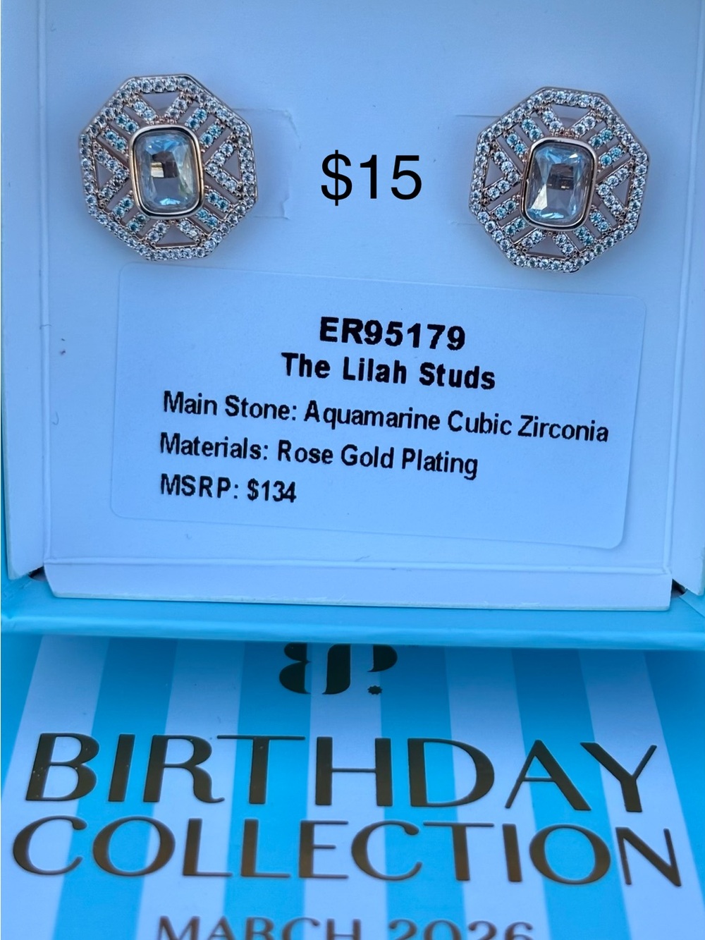 The Lilah Studs Rose Gold Aquamarine CZ Octagonal Earrings